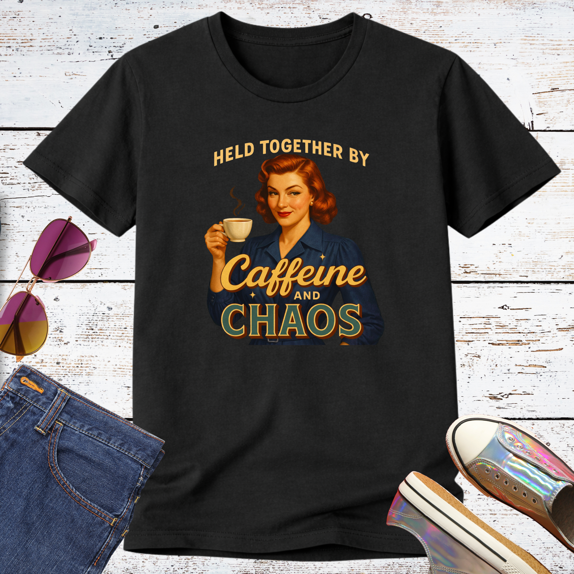 Held Together By Caffeine and Chaos Short Sleeve Tee