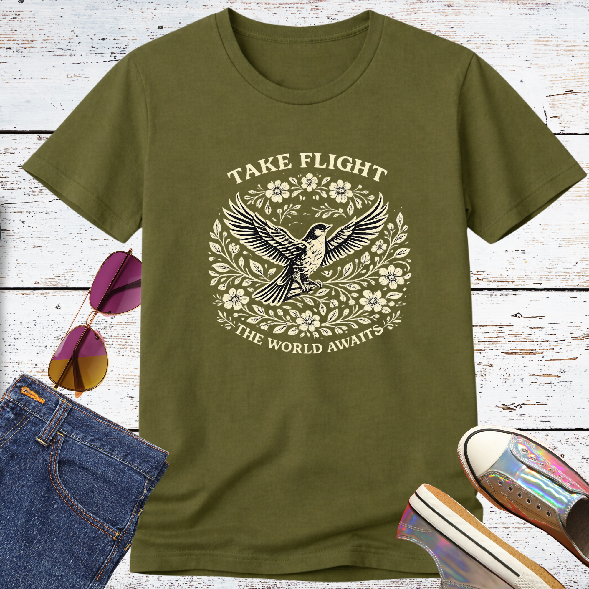 Take Flight the World Awaits Short Sleeve Tee